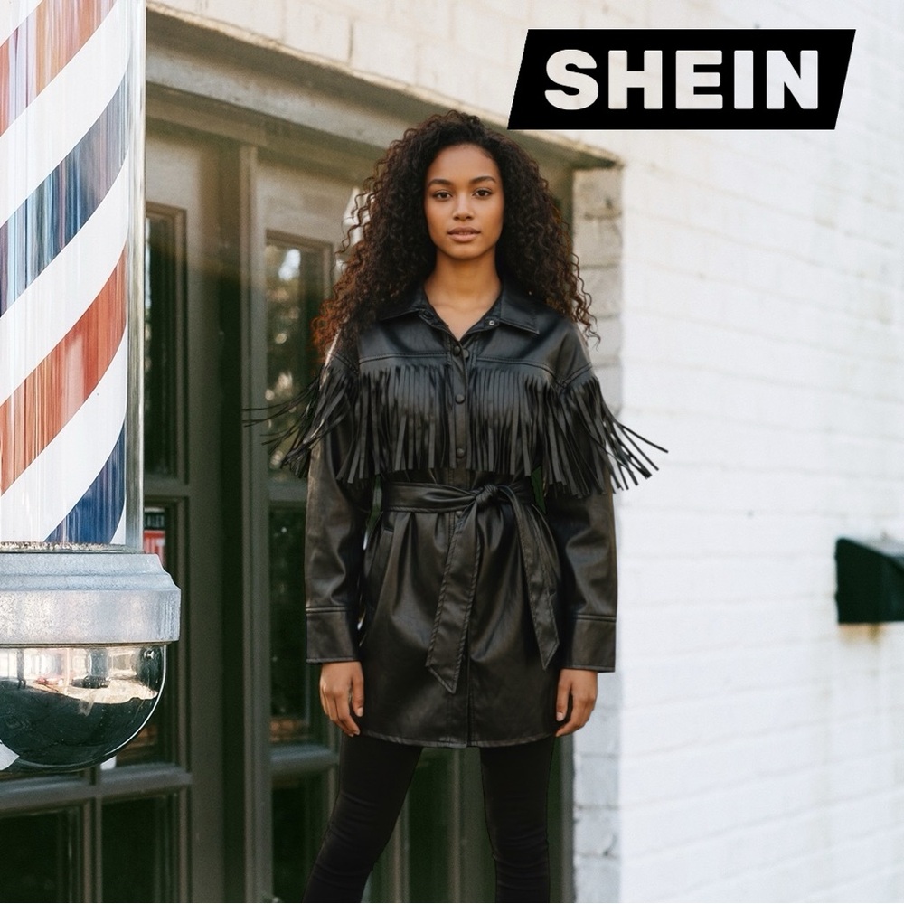 Vintage style SHEIN Black Faux Leather Fringe Belted Jacket - Picture 7 of 16